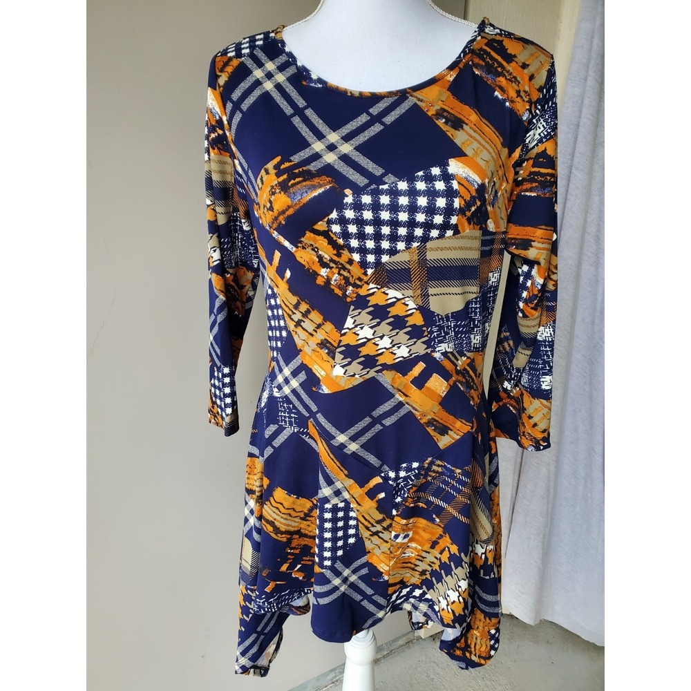 Attitudes by Renee Tunic Dress Womens Small Blue Orange Patchwork Sharkbite Boho